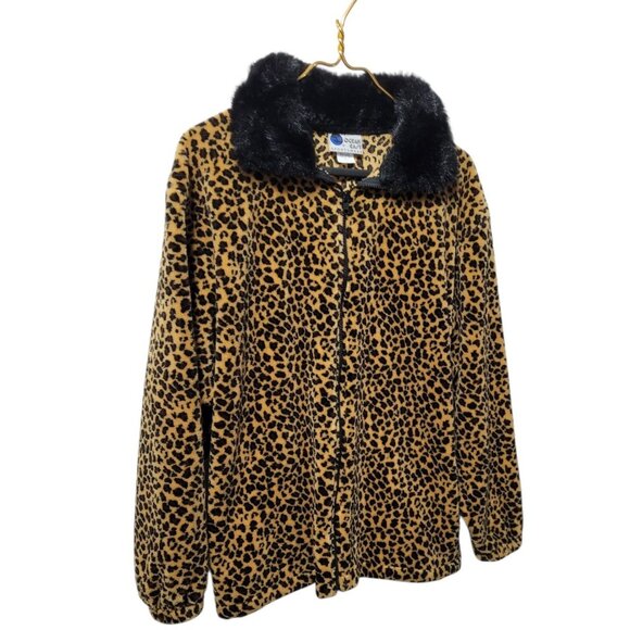 Vtg Ocean East Fleece Jacket Women’s M Leopard Print Faux Fur Collar Zip Up - Picture 4 of 15